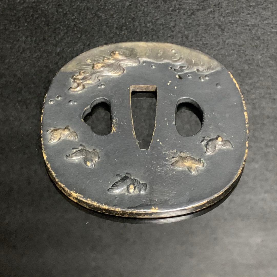 《アンティーク希少レア品！》⭐︎荒波 鳥 鍔つば　江戸期 銅 刀剣鍔♪⭐︎