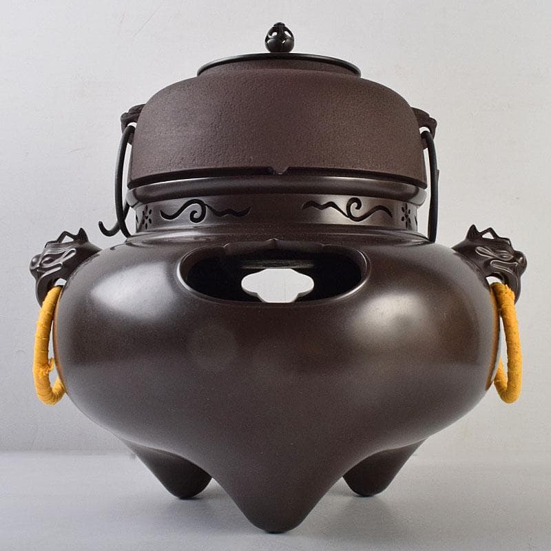 茶道具　釜師　畠春斎作　無文　平丸釜　唐銅鬼面風炉　共布共箱　M　R9292B