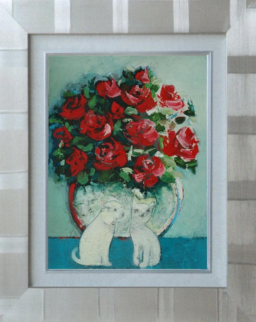 油絵 菅家令子 絵 絵画インテリア 額付(黒) uF6-070619 子猫と子犬