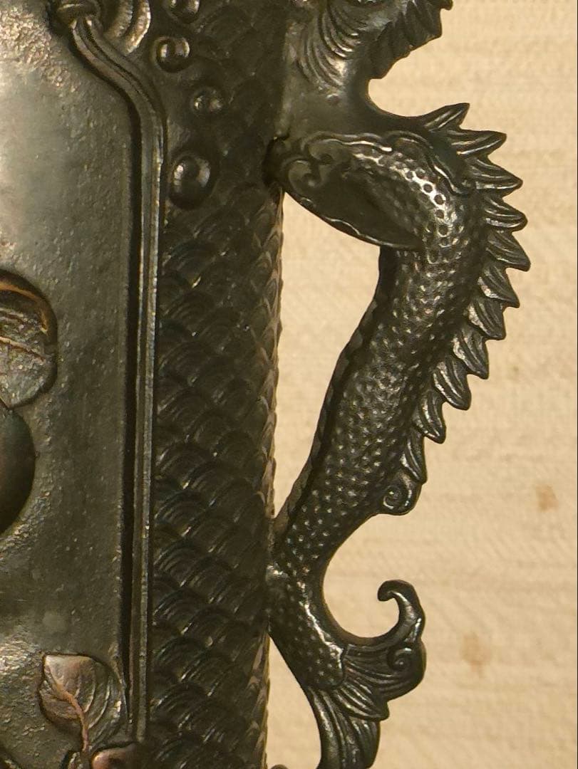 薄端 青銅製 龍双耳 五足 人物花鳥紋 獣足 幅32㎝ 重量約7kg