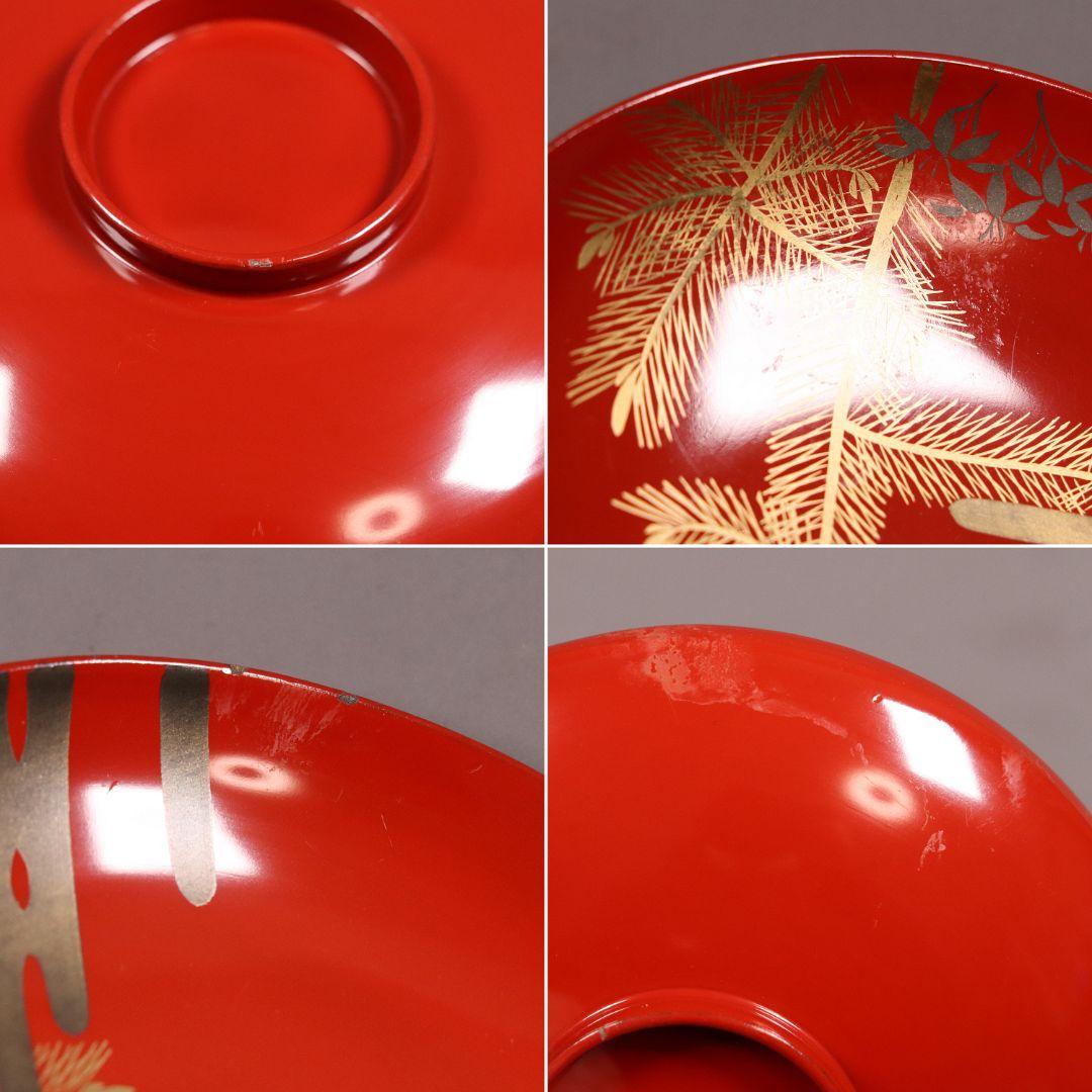 時代木製漆器 松に霞図 朱塗引き盃 二十九客 金蒔絵 小皿 木皿 MA350