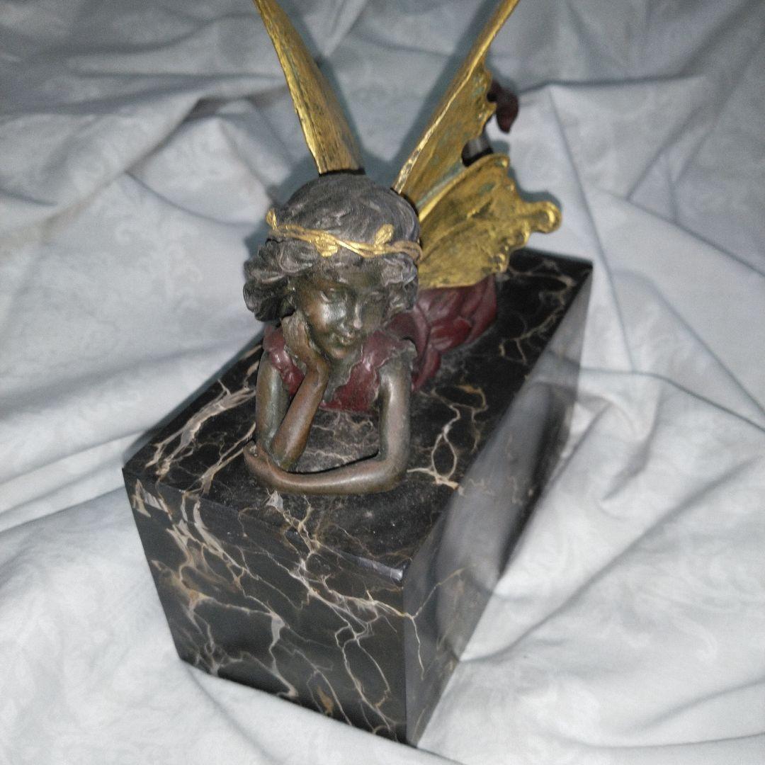 中古　ほおづえ　妖精　天使　少女像 金色の羽　大理石風の台