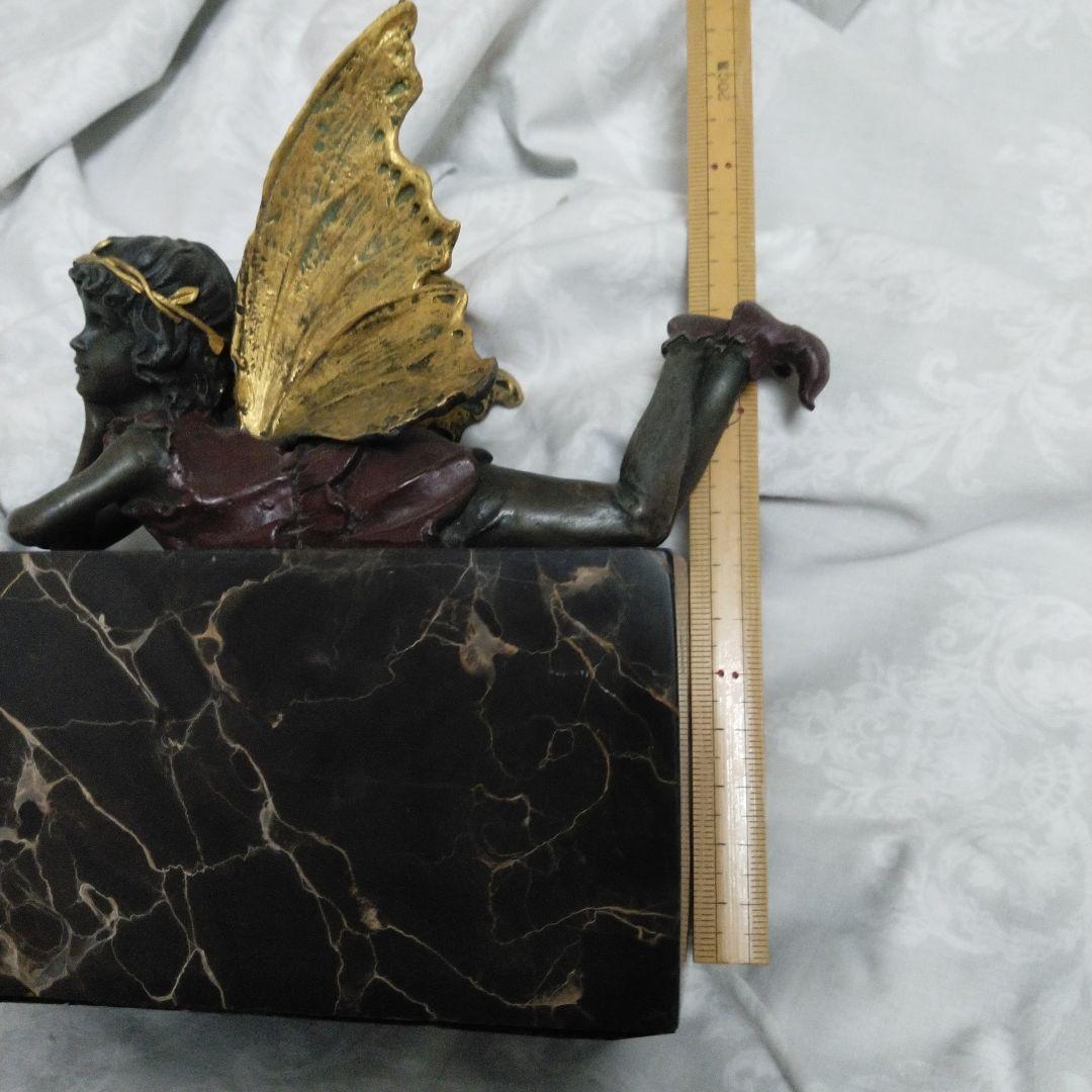 中古　ほおづえ　妖精　天使　少女像 金色の羽　大理石風の台