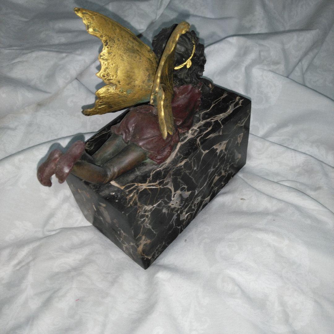 中古　ほおづえ　妖精　天使　少女像 金色の羽　大理石風の台