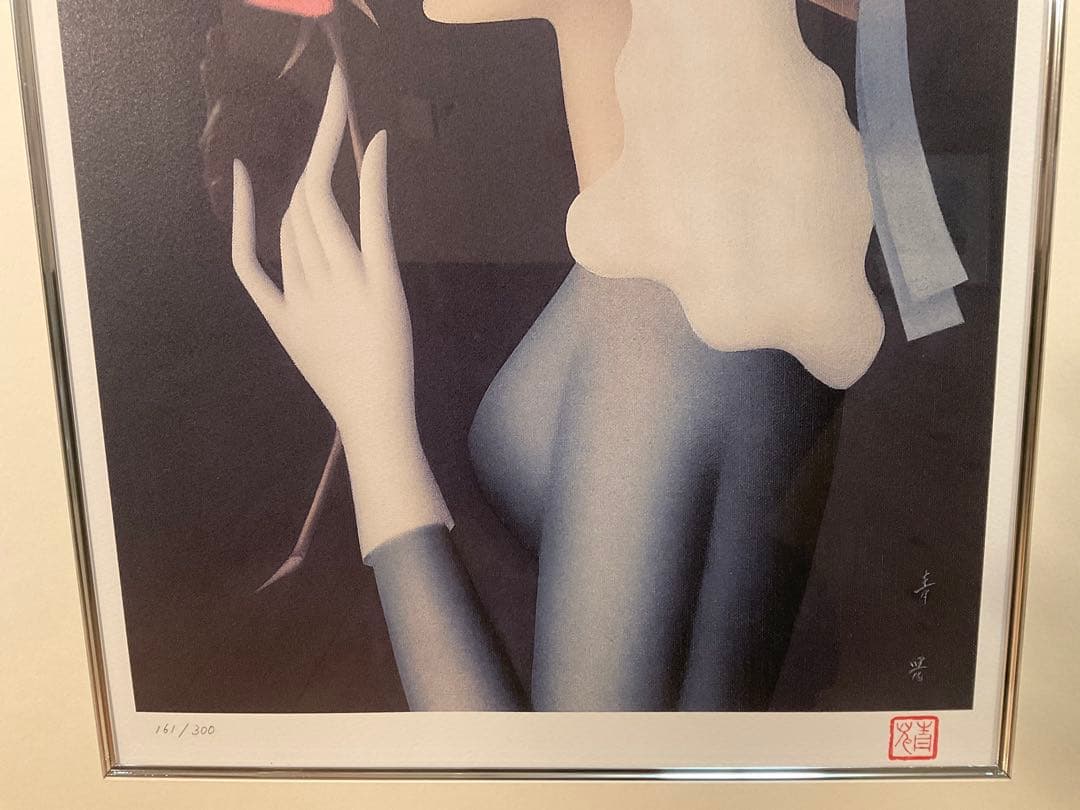 東郷青児　「バラ一輪」　リトグラフ　直筆サイン・エディション・作品証明シール有り