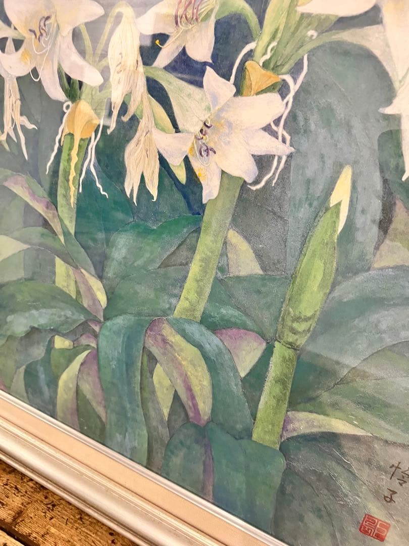 百合　ユリの花 水彩画　はまゆう　シルバーフレーム　40号　壁掛け