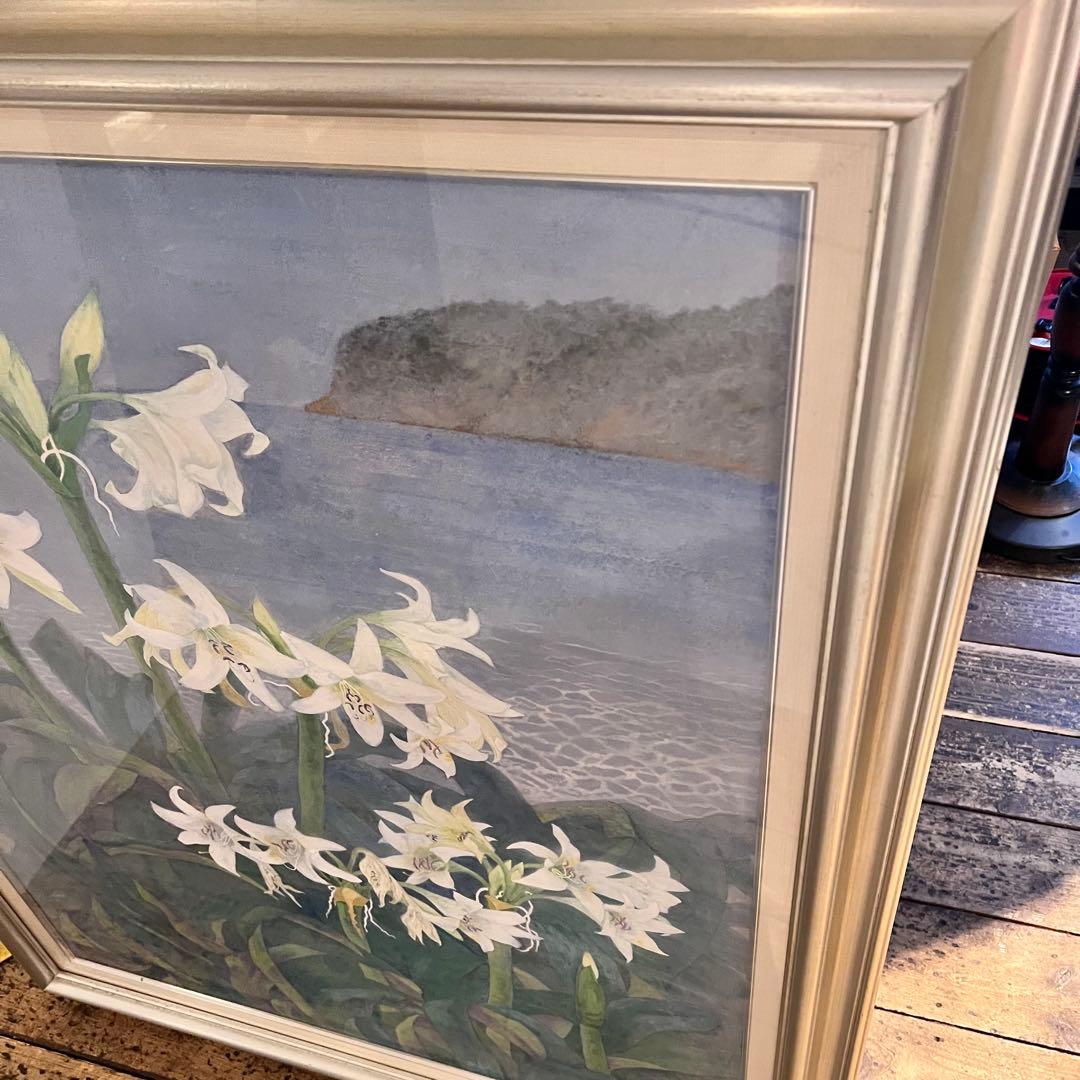 百合　ユリの花 水彩画　はまゆう　シルバーフレーム　40号　壁掛け