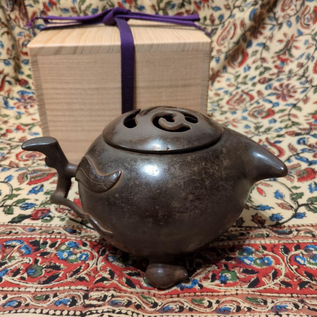 唐銅 桃型 香炉 蓋福字透かし