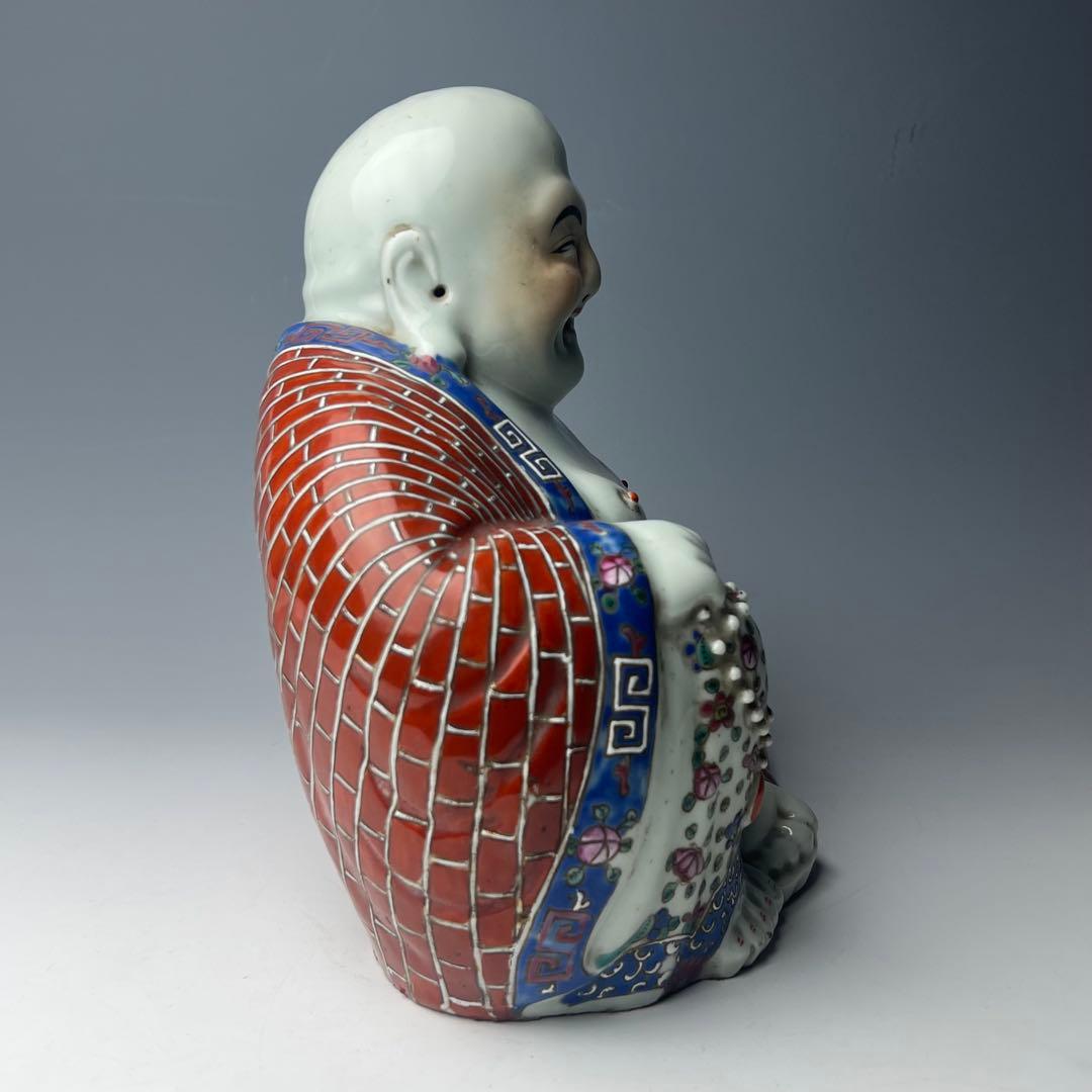 優美 粉彩布袋 江西景徳 朱茂記造 底款 色絵 布袋像 座布団付 仏教中国美術