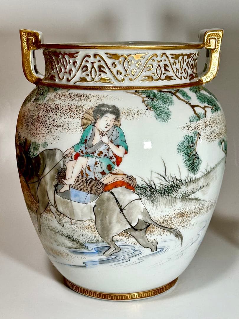 初代川本桝吉 安井如苞画 大日本七宝会社販売 牧童図花瓶一対 明治 瀬戸焼 瀬戸