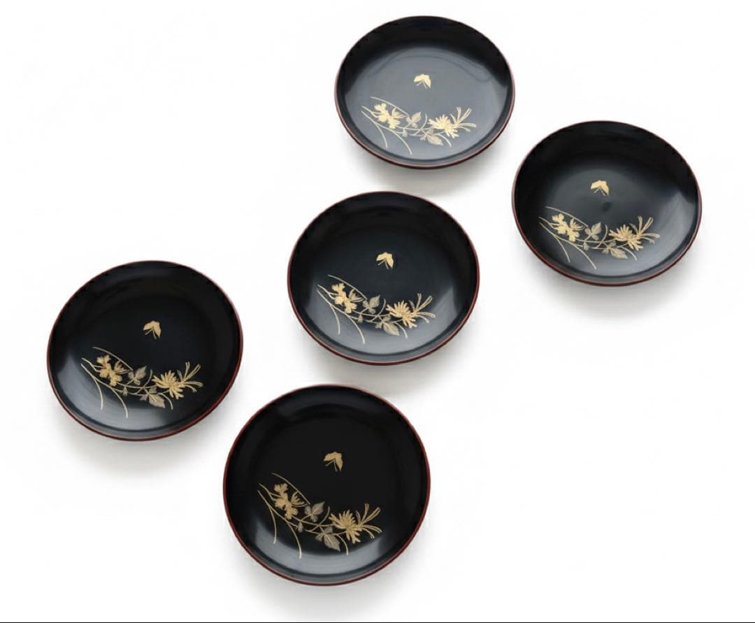 【最高級】本場輪島塗 銘々皿 5客セット 金彩蒔絵 菊に蝶 漆器 未使用品