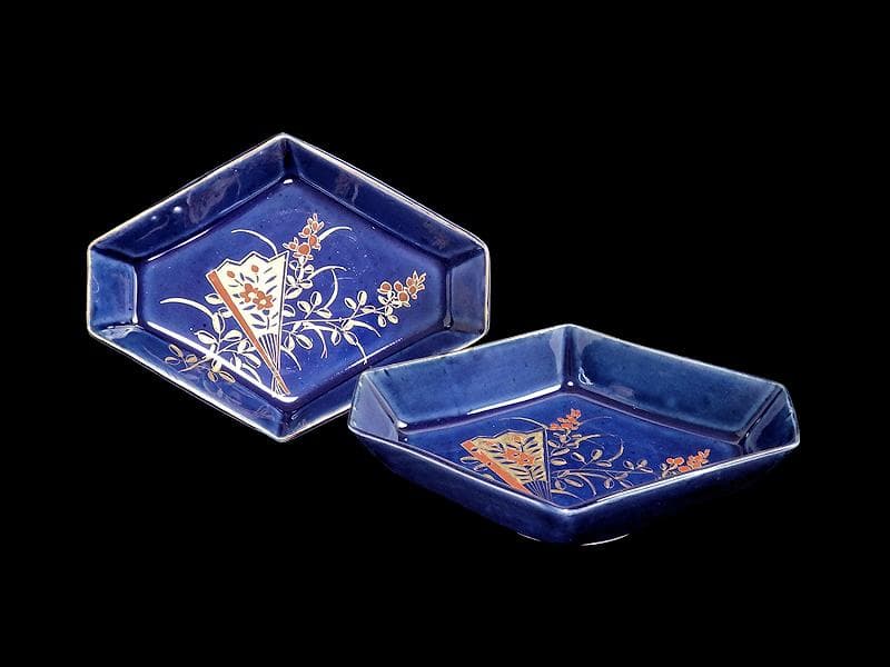 古伊万里　瑠璃　扇に桔梗の図　菱形変形皿　２客　D039AS-DAm