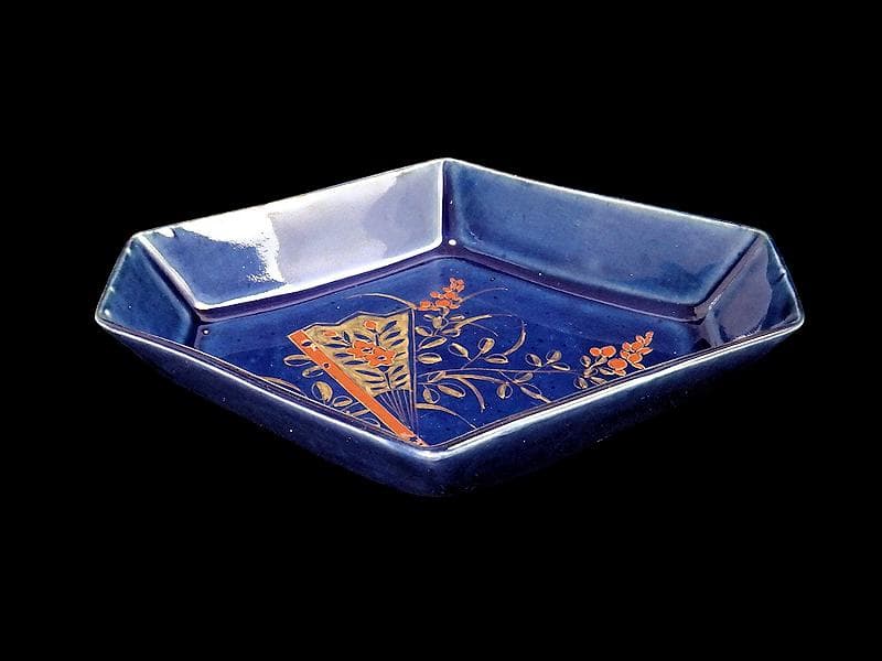 古伊万里　瑠璃　扇に桔梗の図　菱形変形皿　２客　D039AS-DAm