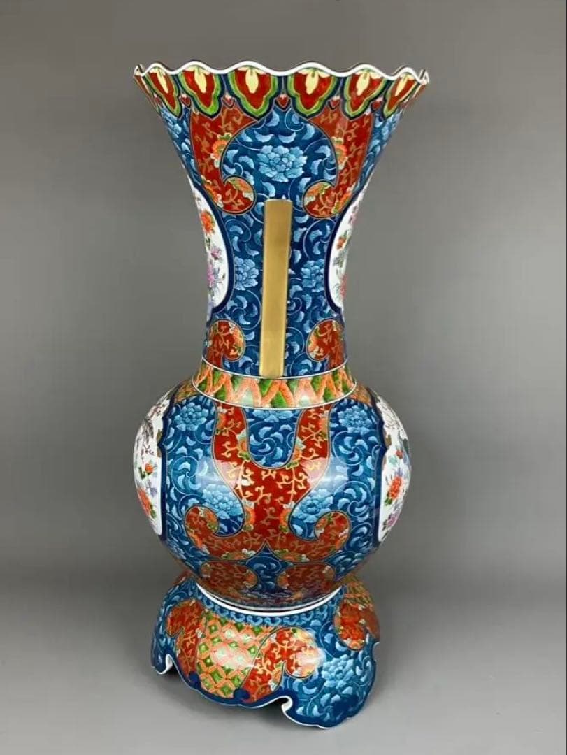 有田焼銘工 藤井勝雲 極上 染錦 花鳥図花瓶 金箔 金彩色絵 双耳 飾壷 置物