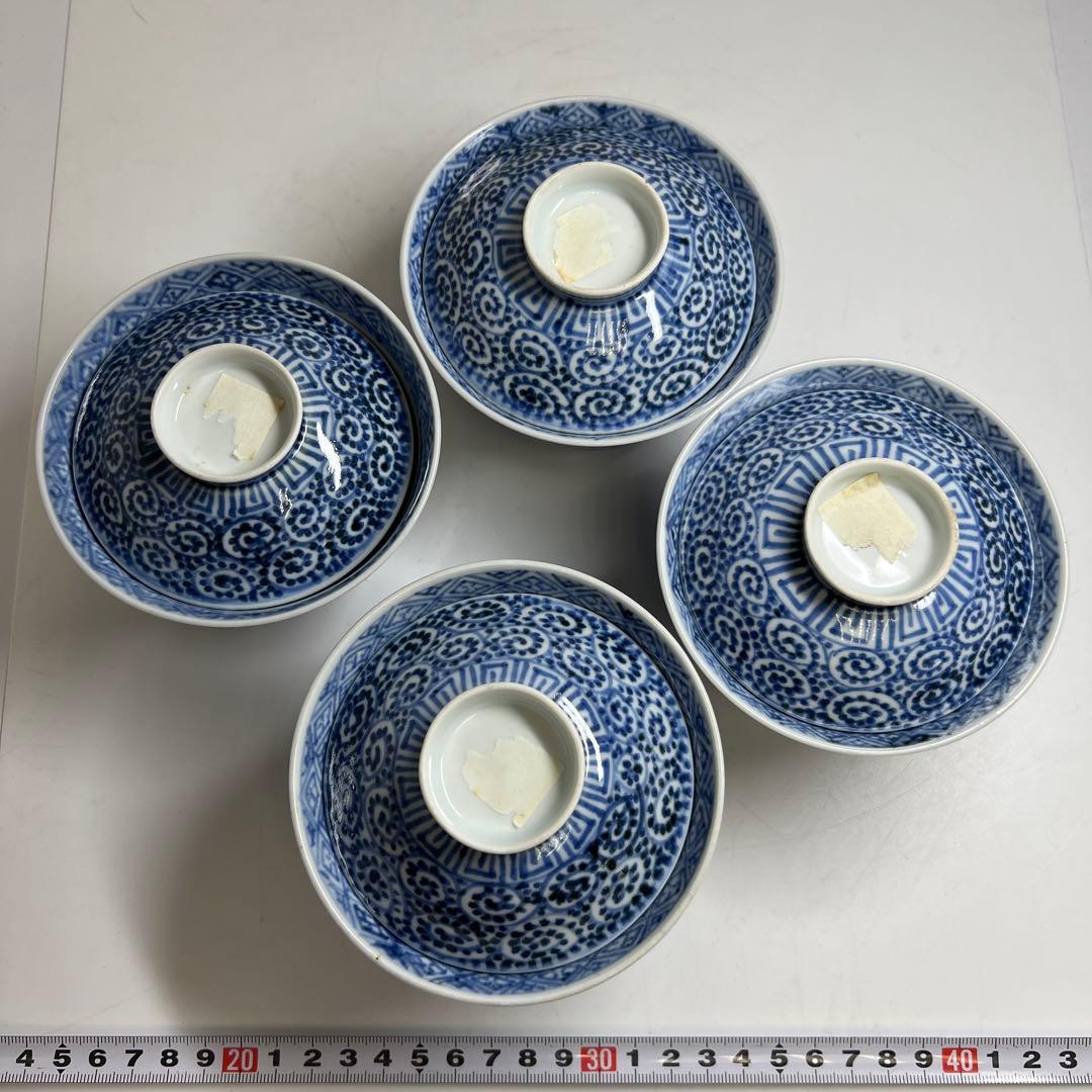 江戸後期　古伊万里　蛸唐草蓋茶碗4客　身口径約10.5㎝東Y7-1208③タサチ