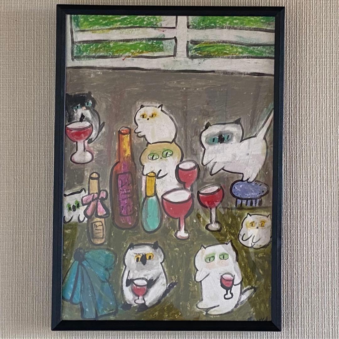 絵画 。壁掛け絵原画手描き【かわいい猫たちの楽しいワインパーティー】