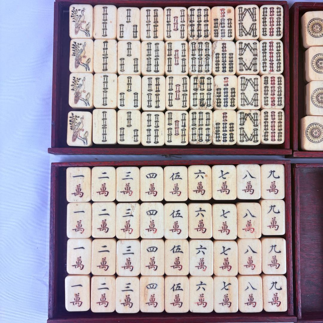 麻雀牌 アンティーク 中国 麻雀セット 木製箱付 雀牌 ドラ表示棒多数