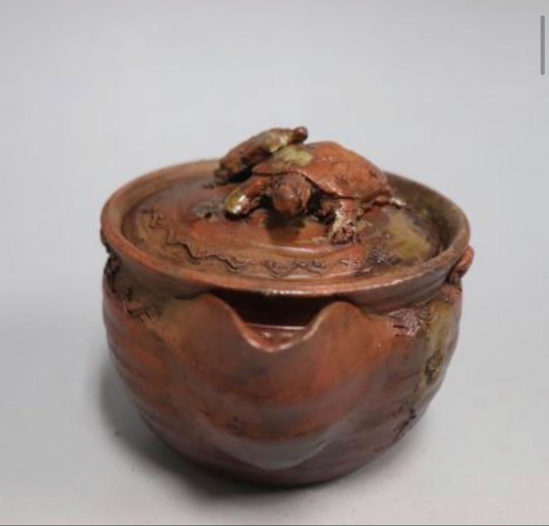 カセ赤秞備前焼名工岡安宮山人作備前陶器亀摘手造宝瓶長寿母子亀