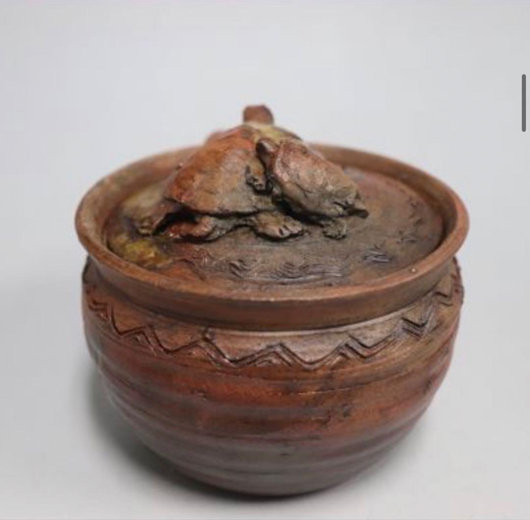 カセ赤秞備前焼名工岡安宮山人作備前陶器亀摘手造宝瓶長寿母子亀