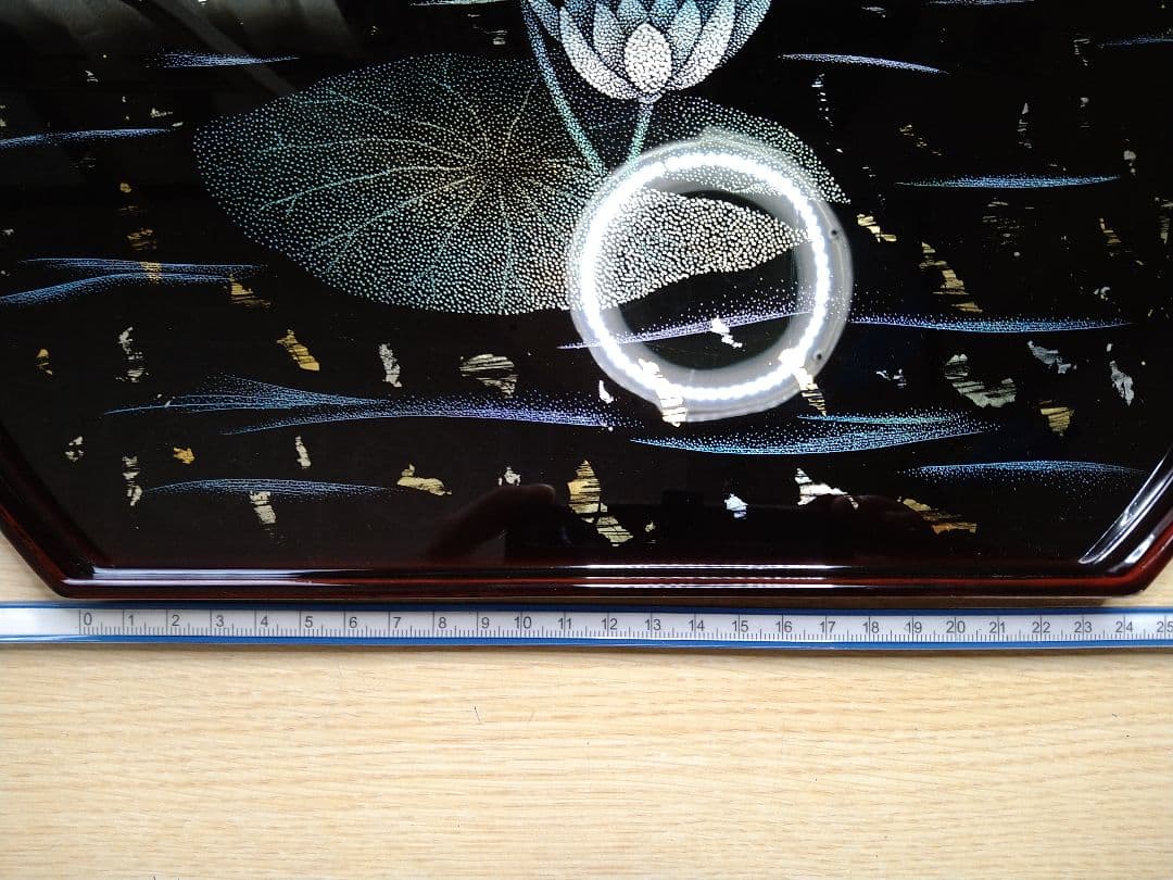 輪島塗沈金 試作「 睡蓮」溜塗り半月盆