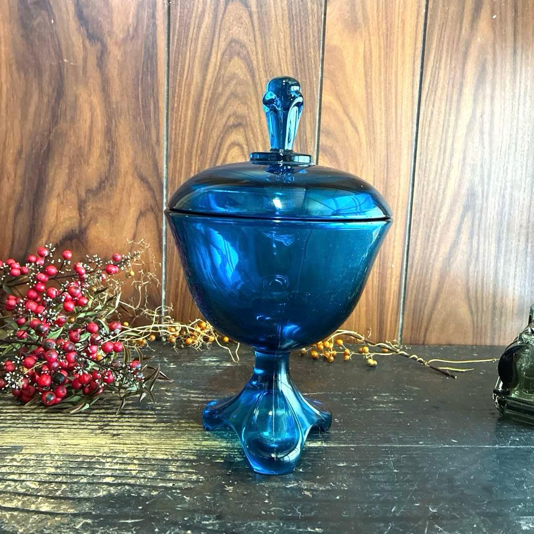 骨董　時代ガラス　ピーコックブルー　アールデコ調プレス　納戸色　ボンボニエール