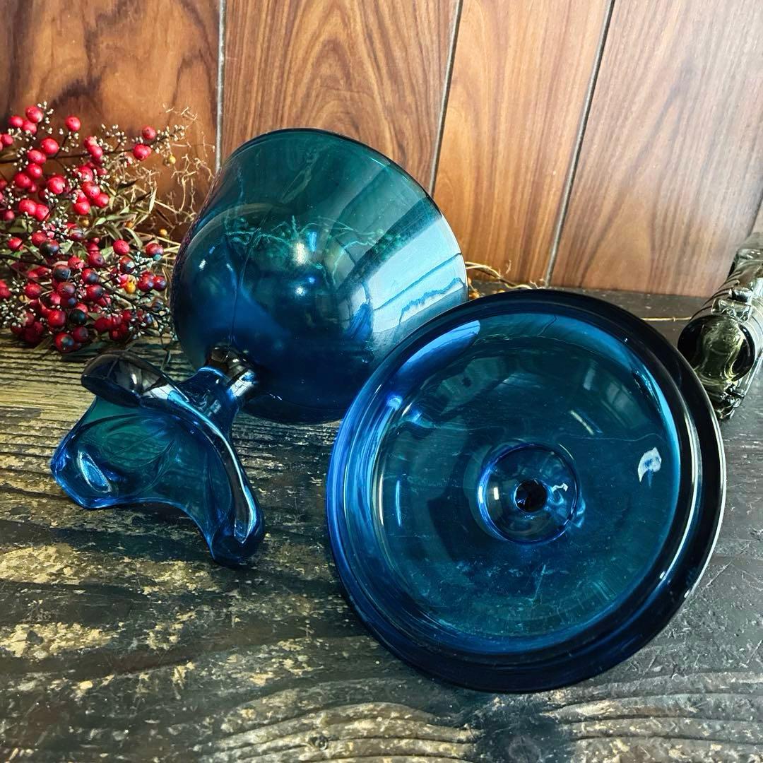 骨董　時代ガラス　ピーコックブルー　アールデコ調プレス　納戸色　ボンボニエール