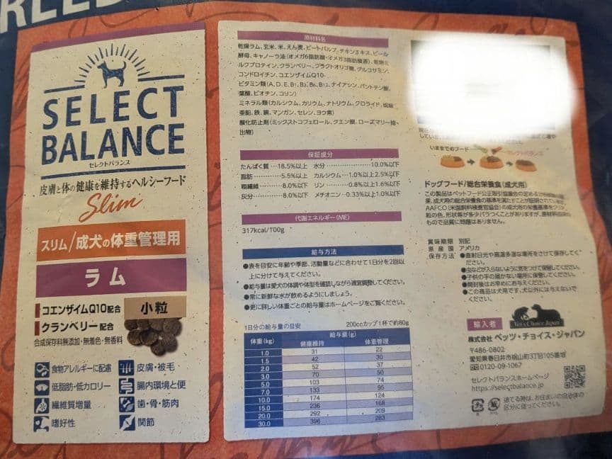 セレクトバランス　スリムラム 小粒　成犬の体重管理用15㎏