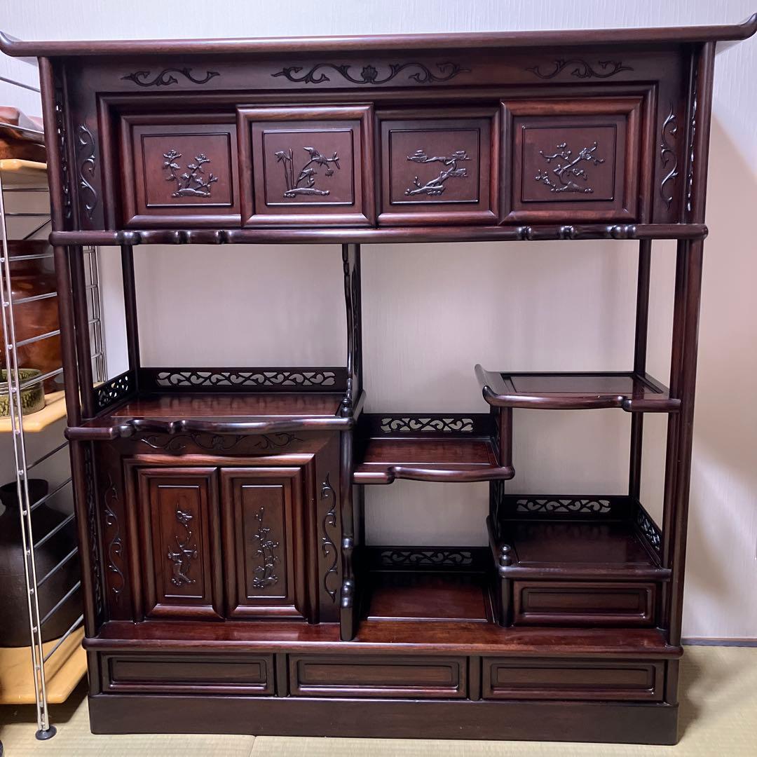 訳あり　飾り棚　茶箪笥　透かし彫り　年代品　茶棚　違い棚 和家具 唐木