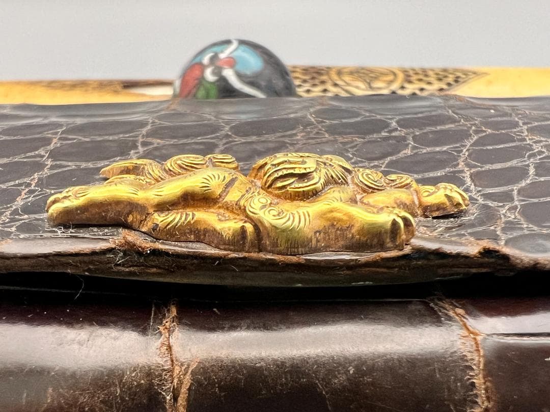 江戸明治時代　獅子図金具　骨製キセル入れ　大玉龍図根〆　銀製キセル　重量170g