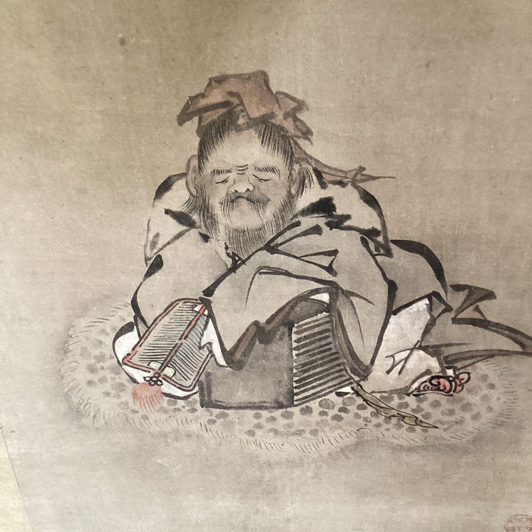 英　一蝶　　淡彩画　《　蝶に唐人図　掛軸一幅　》肉筆　鹿角　落款在　模写　237