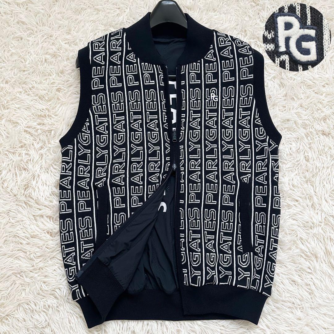 美品✨️パーリーゲイツ 24年 リバーシブル ロゴ総柄 ニットベスト ネイビー L