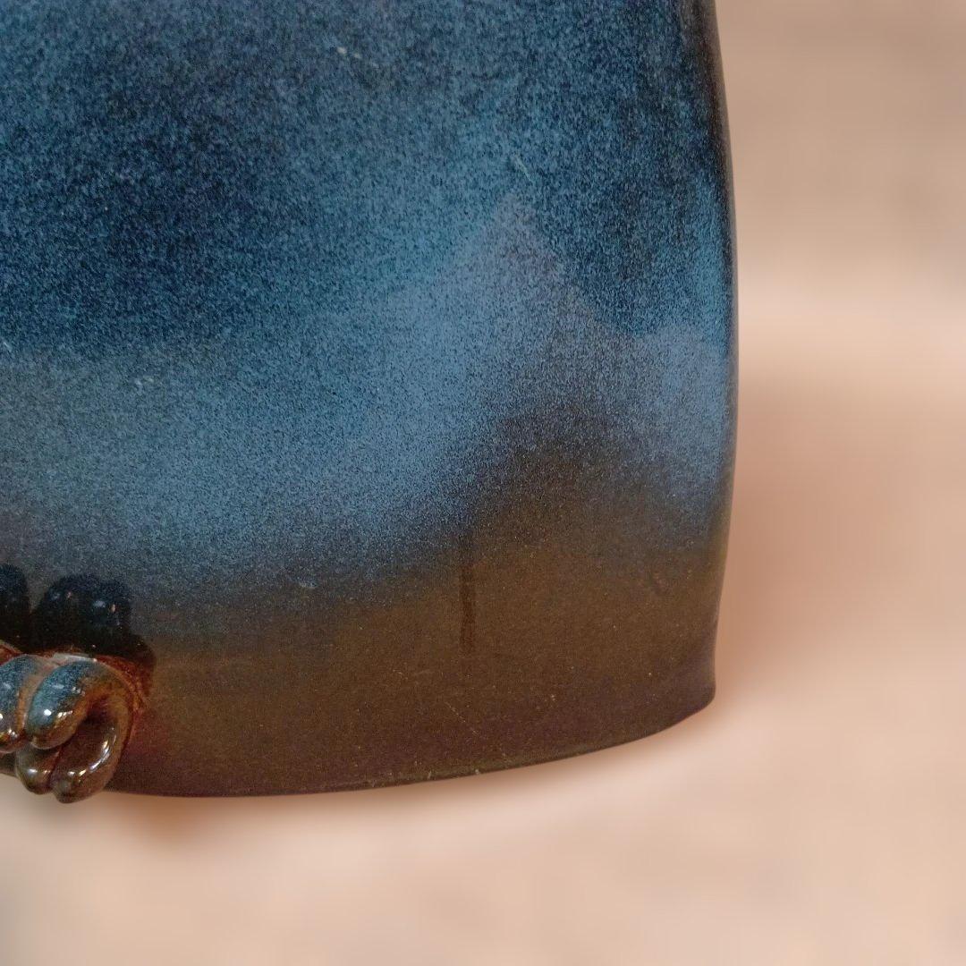 フクロウの陶器　作家物　花器　花瓶 ブルー　グラデーション