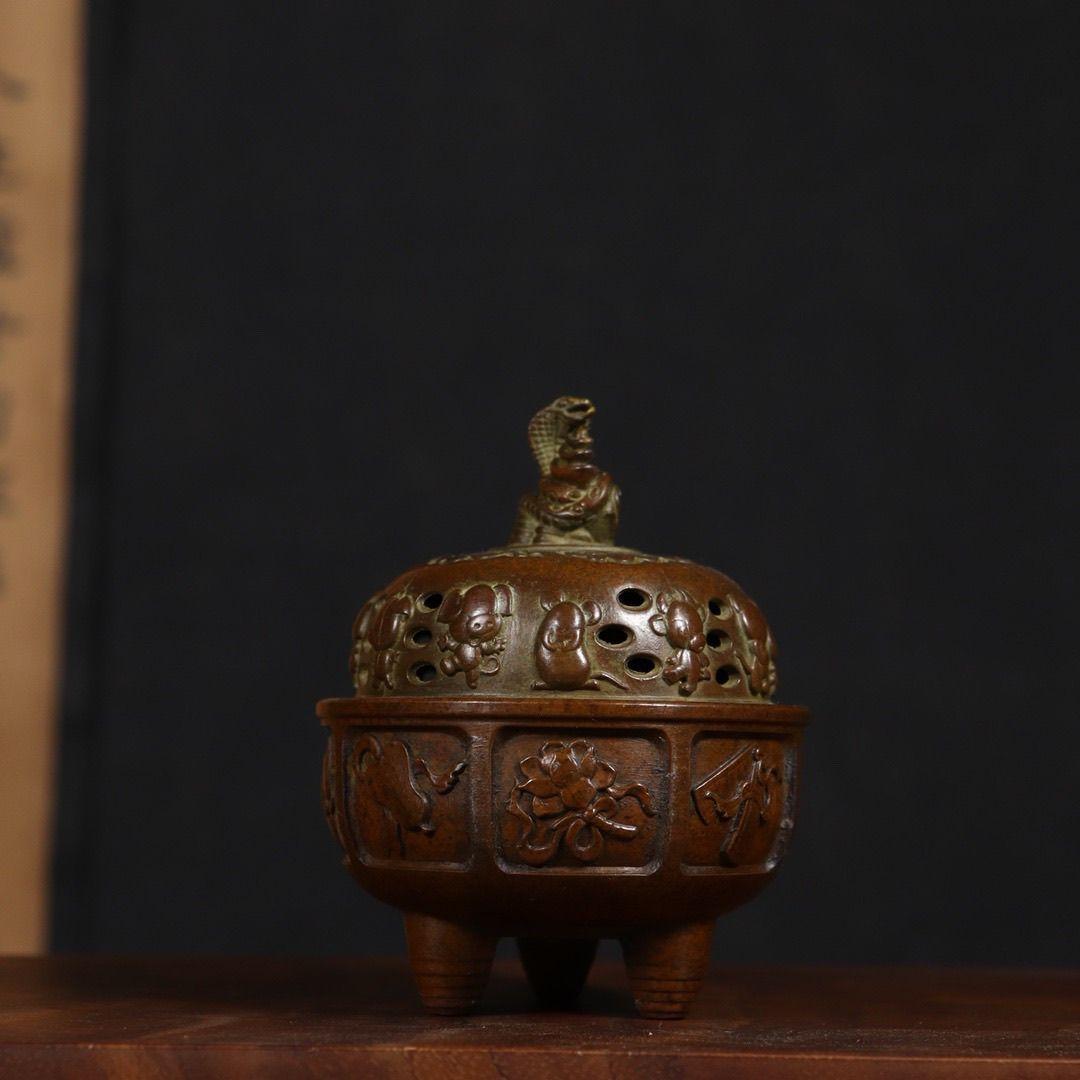 銅器 香炉 干支蛇薫香炉 十二支炉 刻蔵八宝炉 仏具 装飾品 工芸品 置物