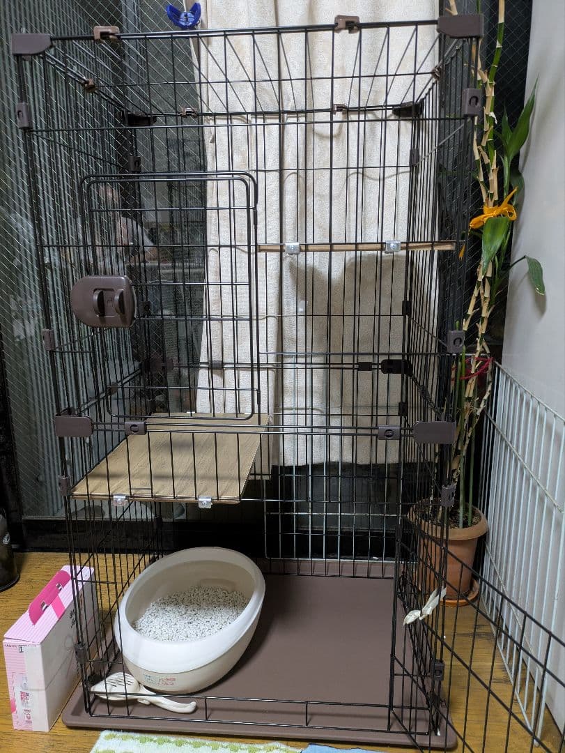 キャットケージ ブラウン 2段棚付き