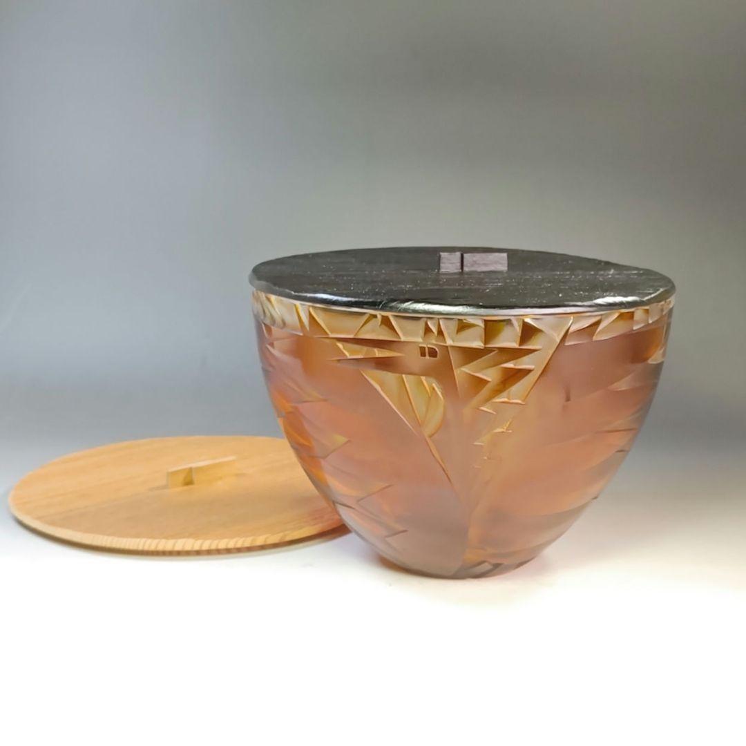 イ951 水指『硝子　ガラス　作家物　鳥文切子　水指　替蓋付』茶道具