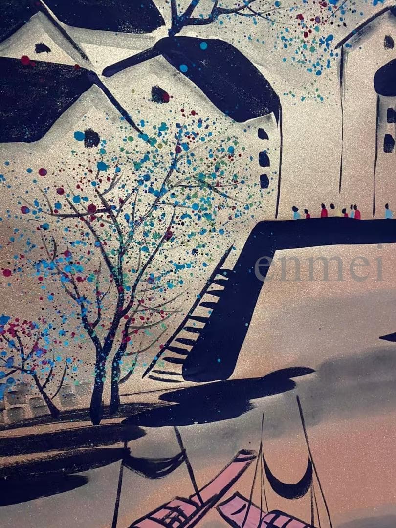 中国古美術・旧藏・近現代・吳冠中款・金箋・山水風景画・中堂掛軸・純手描き・書画