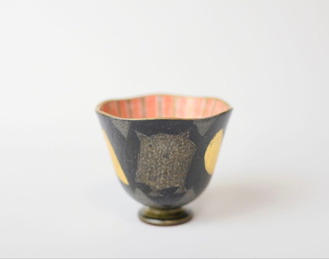 前田正博　色絵梟絵 陶芸 ぐい呑み 茶碗