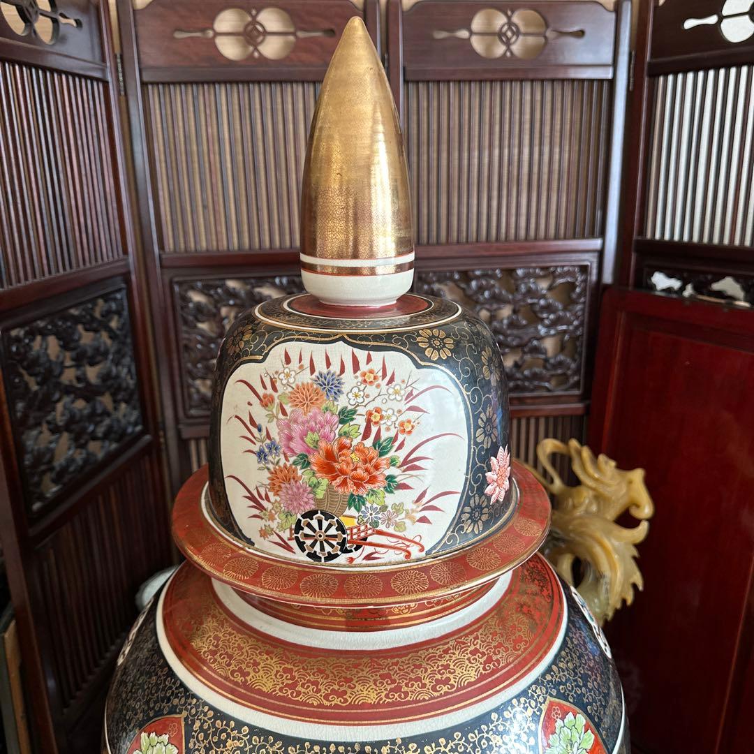 特大　九谷焼飾り壺 人物花鳥図　高さ約125cm 沈香壺 三段壺　陶芸　骨董品