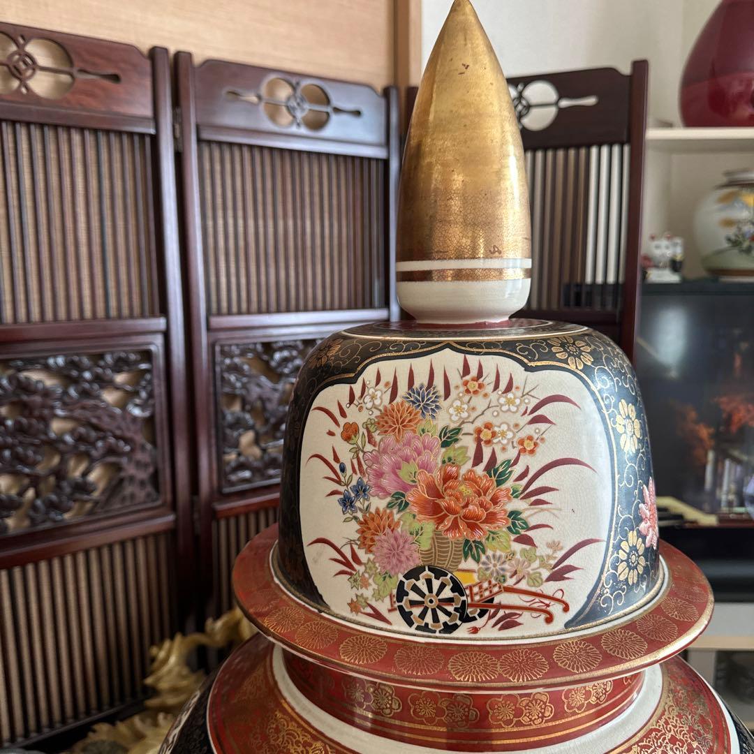 特大　九谷焼飾り壺 人物花鳥図　高さ約125cm 沈香壺 三段壺　陶芸　骨董品