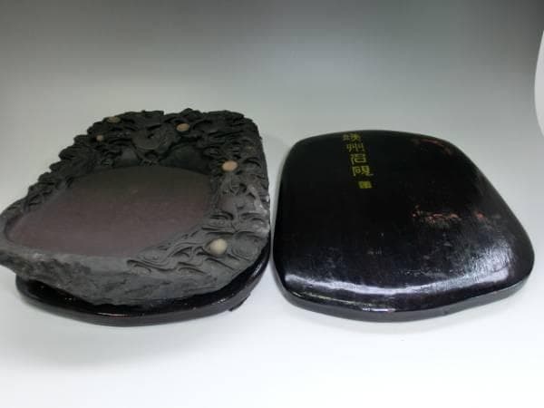 硯■端州石硯 端渓硯 龍彫刻 中国硯 竜紋 蓋付き 書道道具 時代物 骨董品■