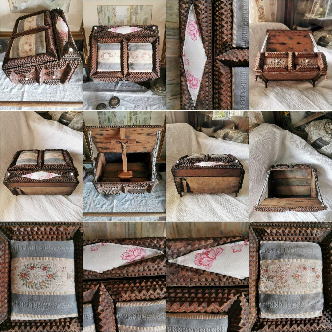 アンティーク トランプアート 木工レース細工ボックス 針箱 フレンチファブリック