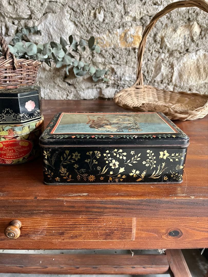 ◆フランス雑貨｜ティン缶セットブリキ缶お菓子箱ケースサビあり花柄キャンディー