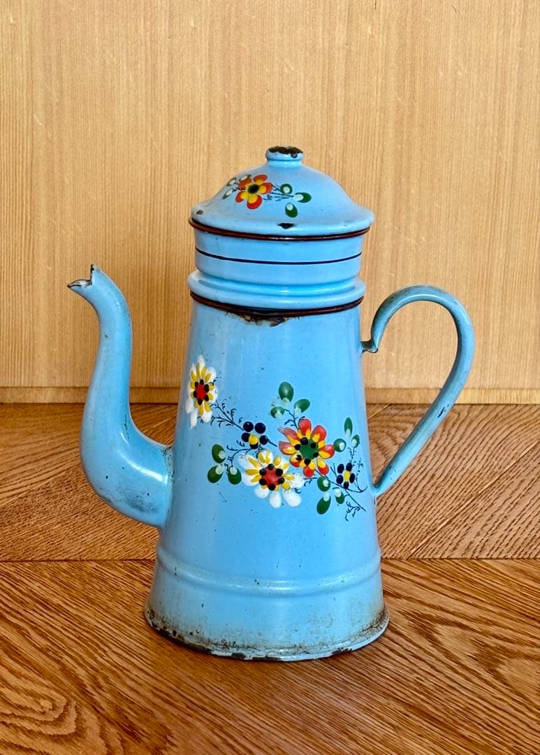 フランスアンティーク ホーローコーヒーポット ブルー 手描きのお花