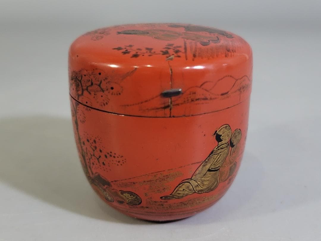 中国 朱塗 人物紋 時代棗 仕服 茶道具 DT612