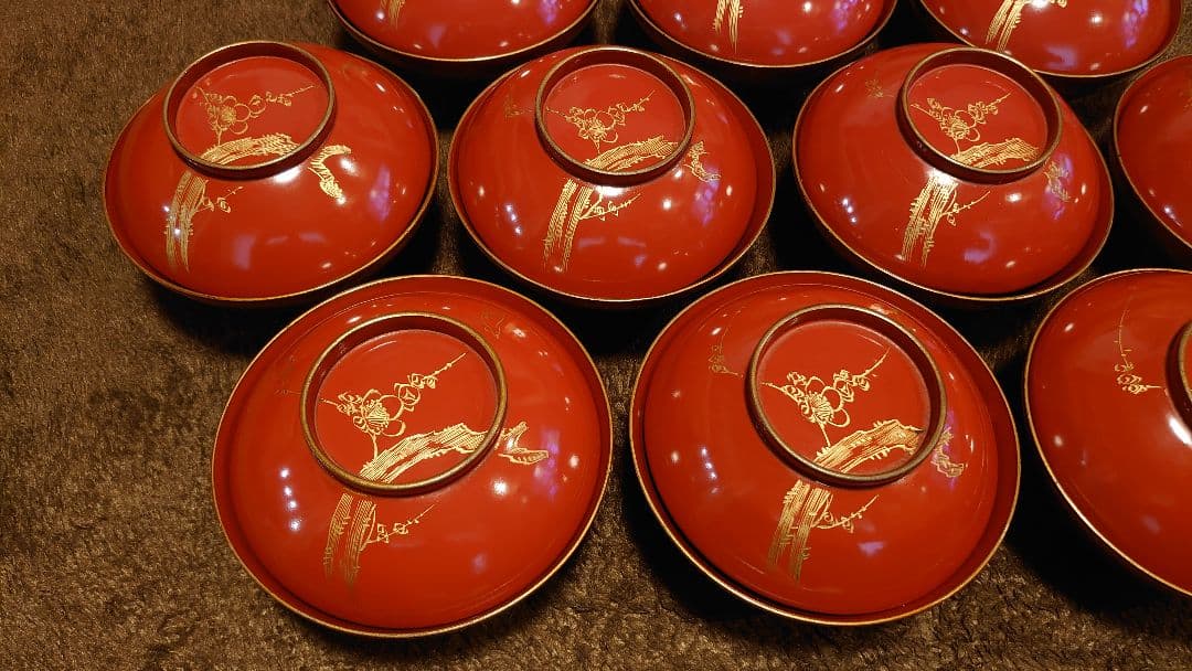 輪島塗　漆器　沈金　 梅鶯の図　蓋椀　菓子椀　蔵出し　10客