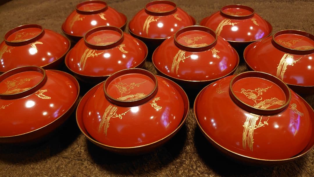 輪島塗　漆器　沈金　 梅鶯の図　蓋椀　菓子椀　蔵出し　10客