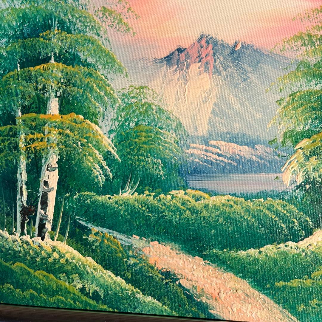 手書き油絵 ３枚組 朝日と山河 額付 額付き 絵画 インテリア 油彩画