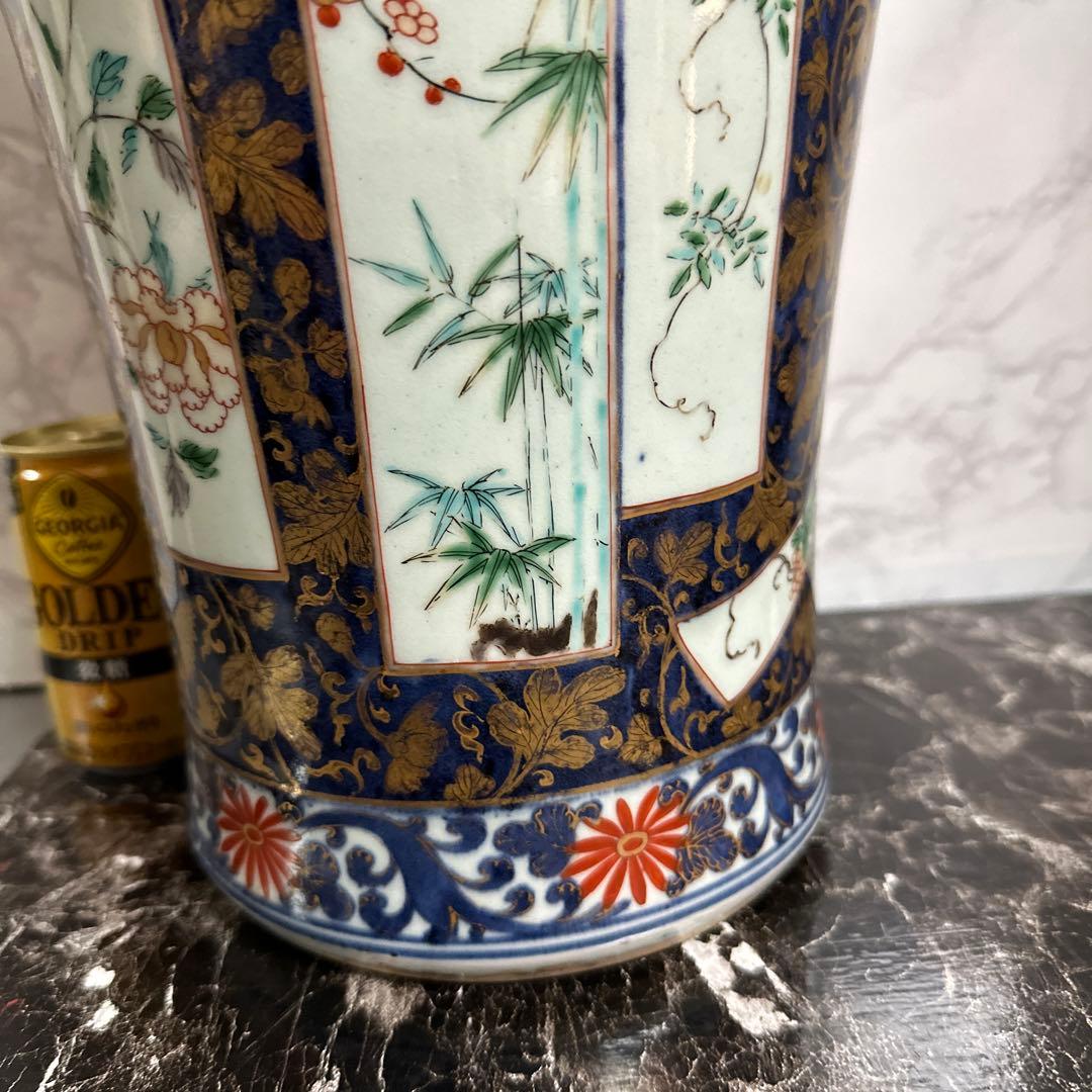 献上手、在名、特大、50センチ、古伊万里、金彩花鳥、人物、図、大花瓶。