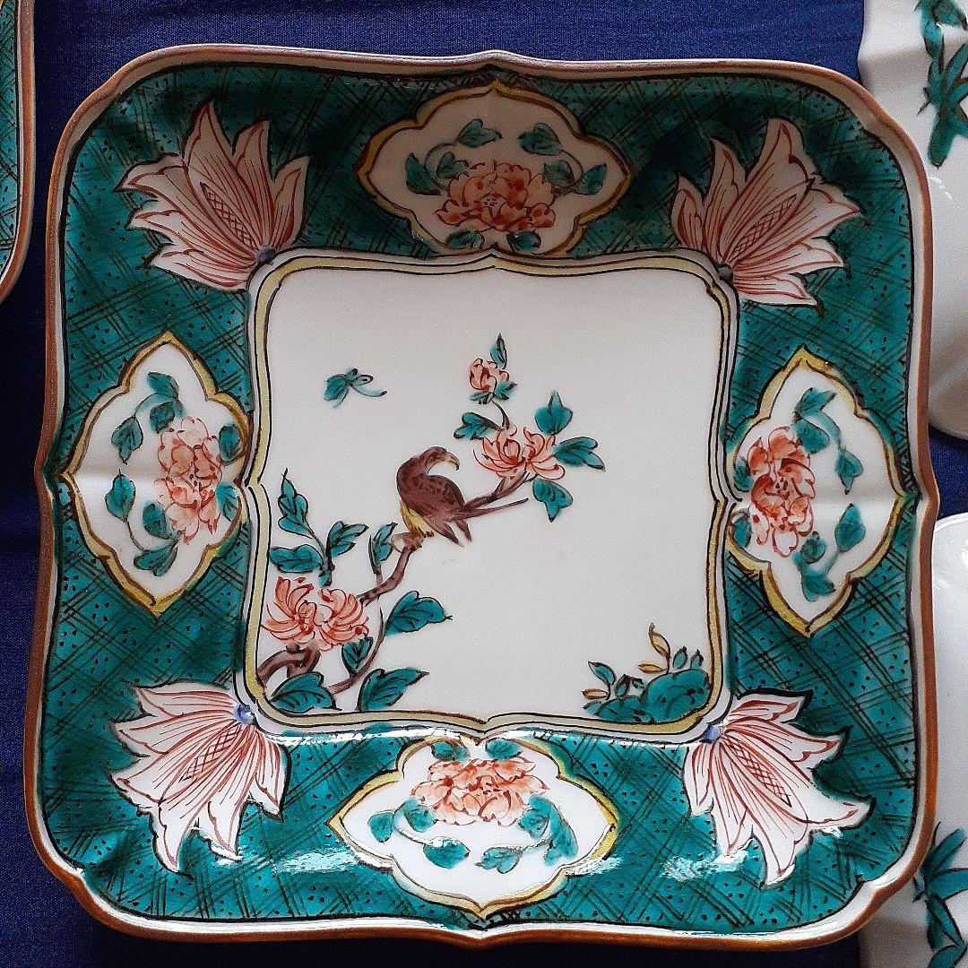 古九谷色絵牡丹蝶々鳥図角皿5客