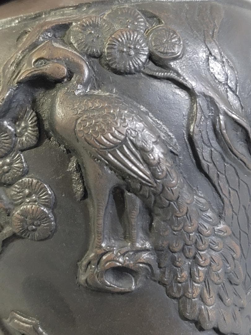 銅 獅子蓋 松鶴 蓮鶴 窓図 香炉 菊紋 DT277